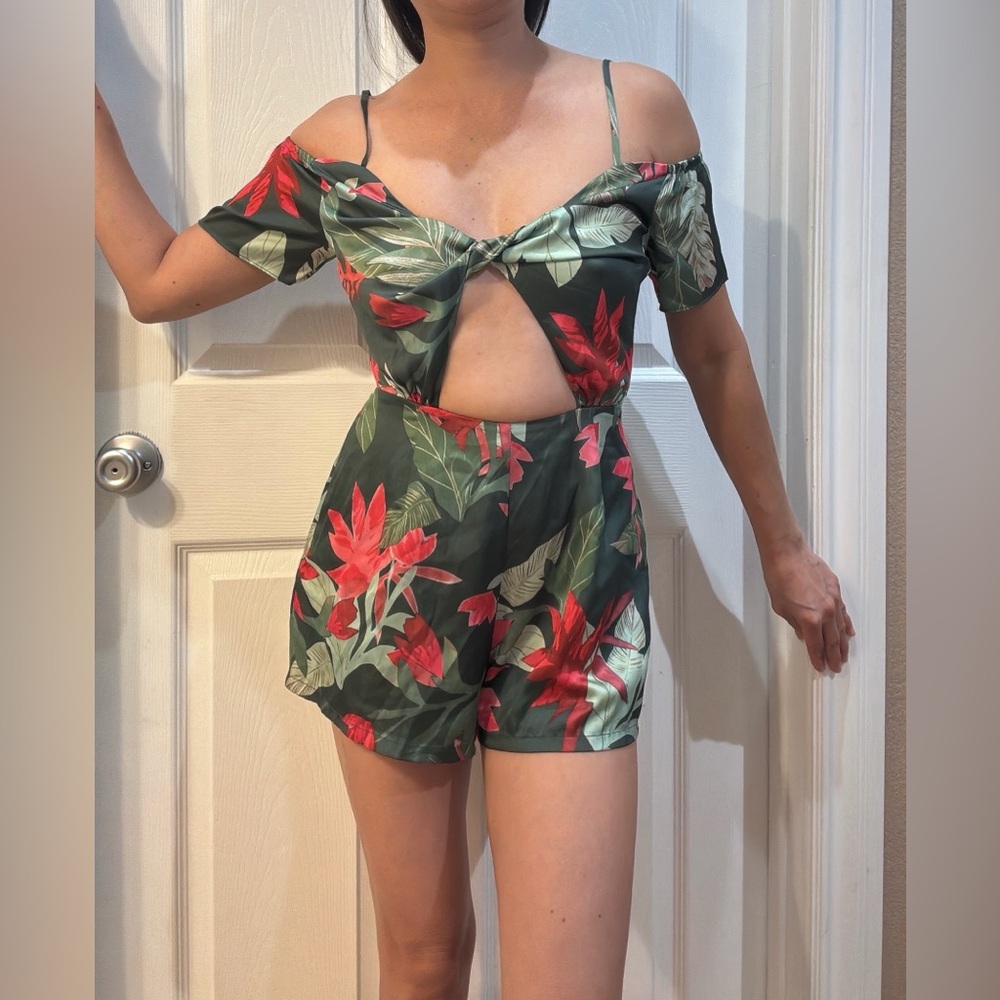 Lovers + Friends Emerald Satin Floral Romper
